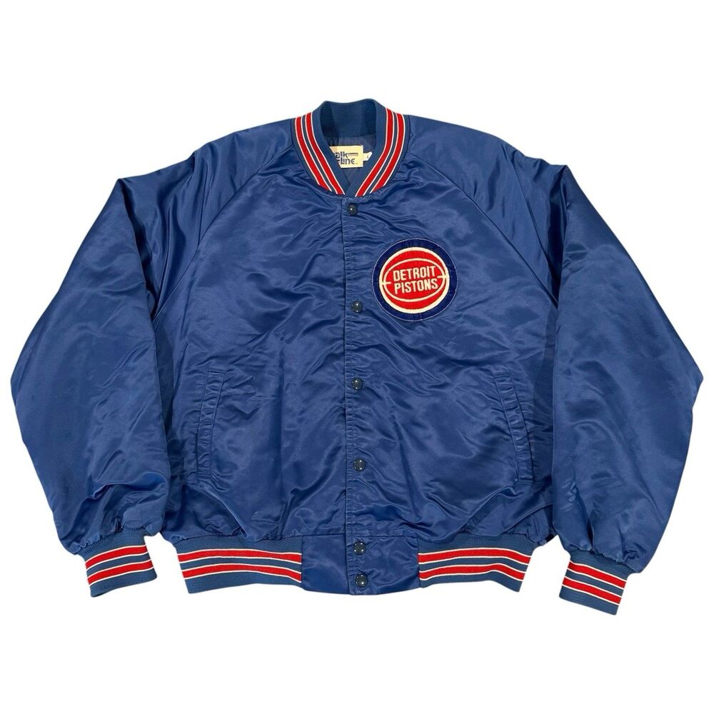 Vintage 80s Chalk Line Detroit Pistons Satin Jacket Size L  Blue USA Made NBA